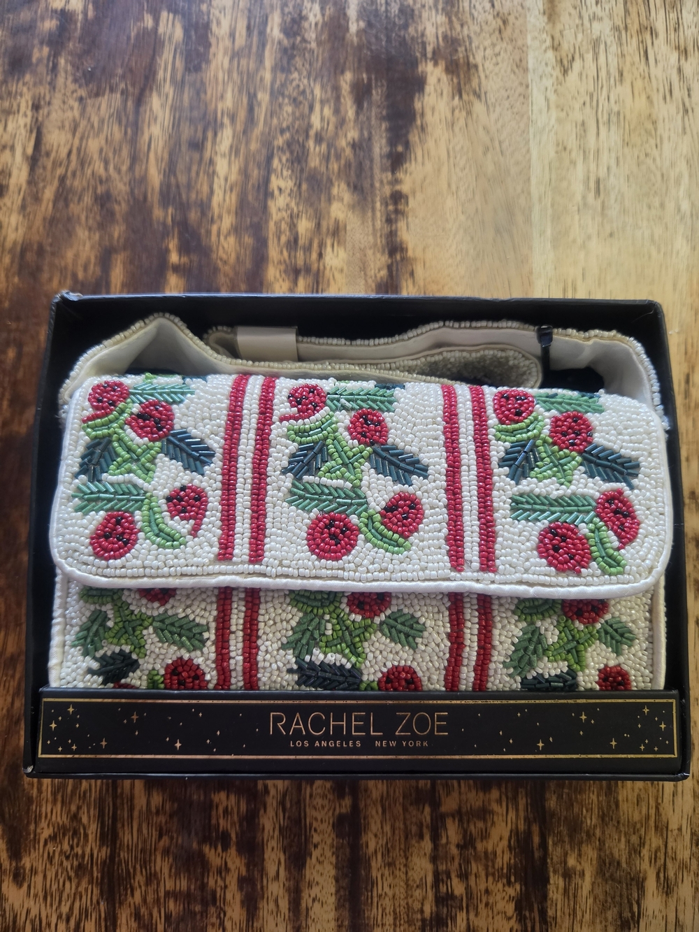 Rachel Zoe White Beaded Floral Clutch with Red & Green Beadwork